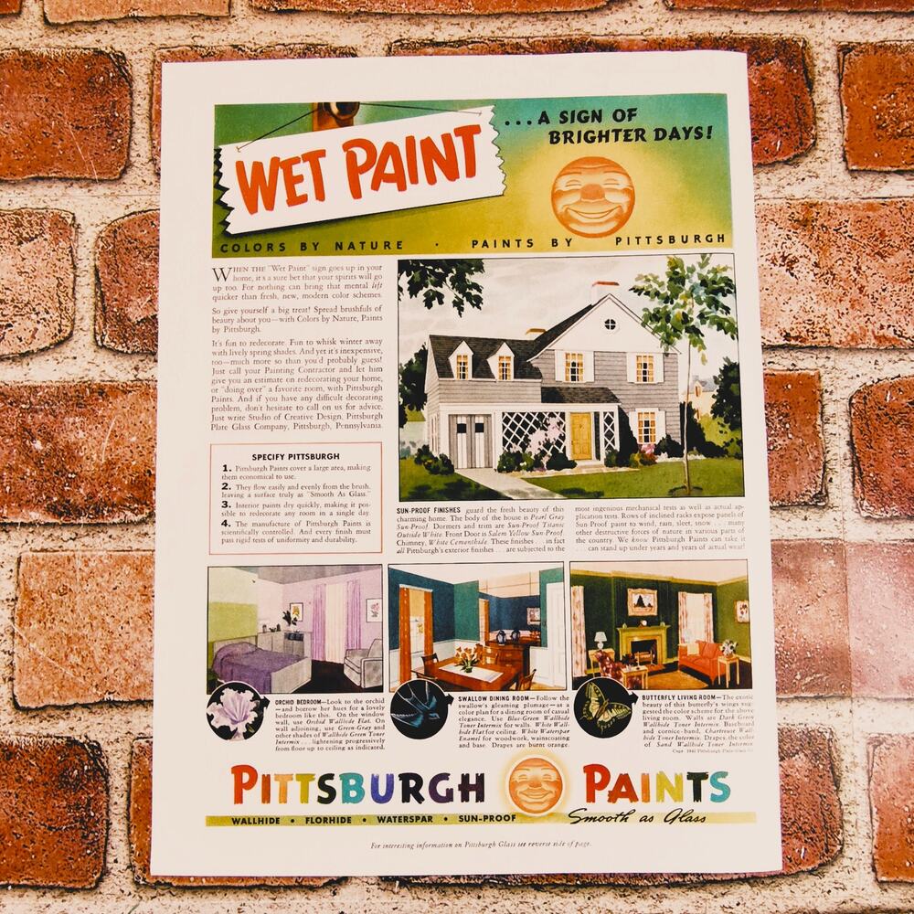 1940 Vintage Pittsburgh Paints Print‎ Ad Colorful Home Decor Wet Paint Retro Art